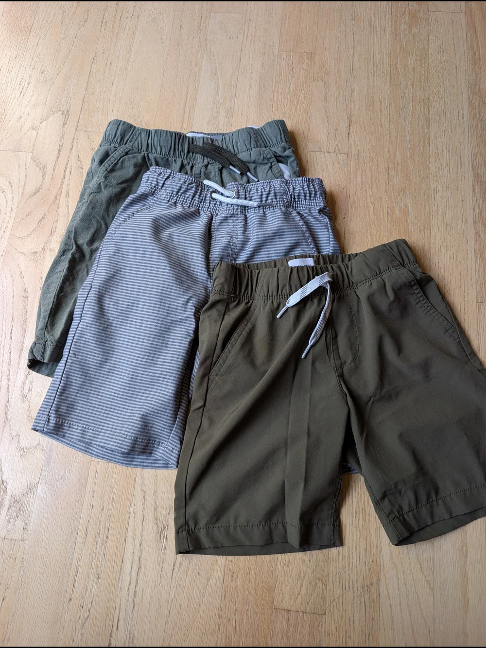 Old Navy Boys 3-Pack Shorts in Olive, Gray, and Striped Gray